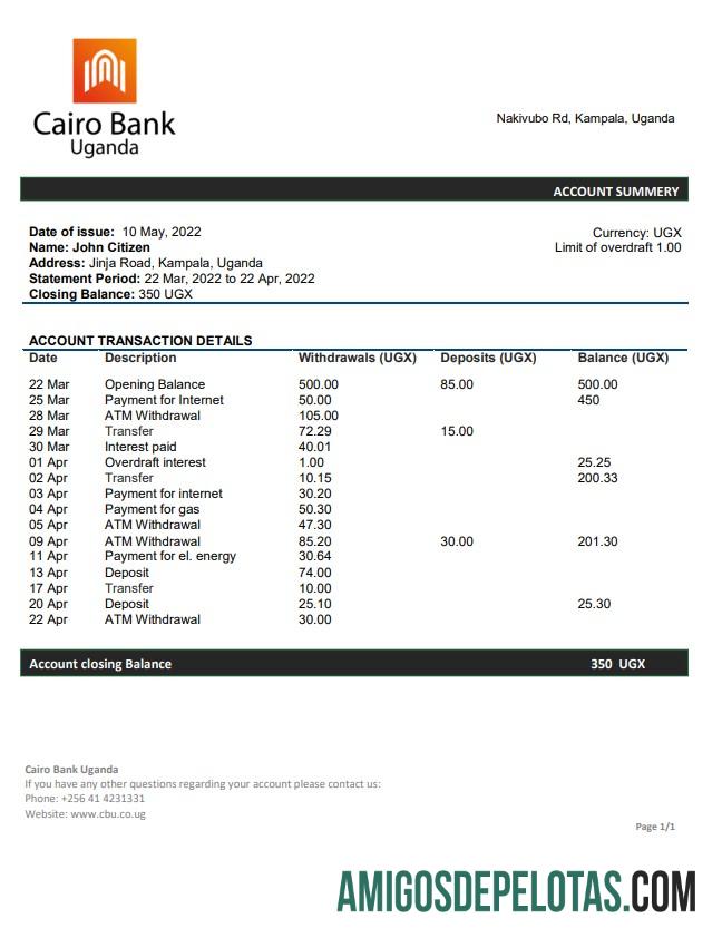 Uganda Cairo modelo de extrato bancário